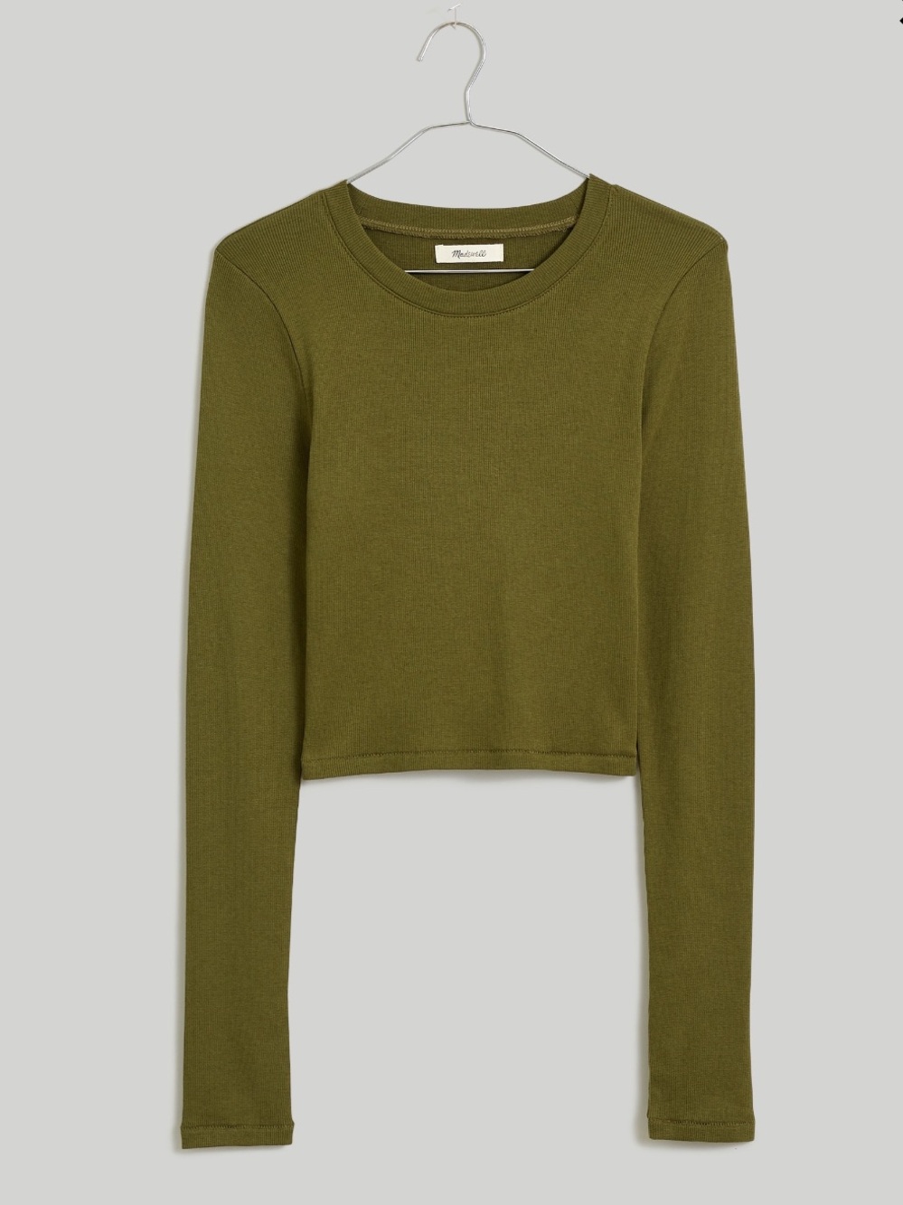 Madewell Fine Ribbed Supercrop Crewneck Long-Sleeve Tee - Moss Green - Medium